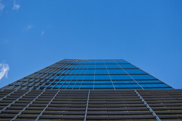 Modern glass facade. Bottom view of a building in the business district. Glass facade of an office building background