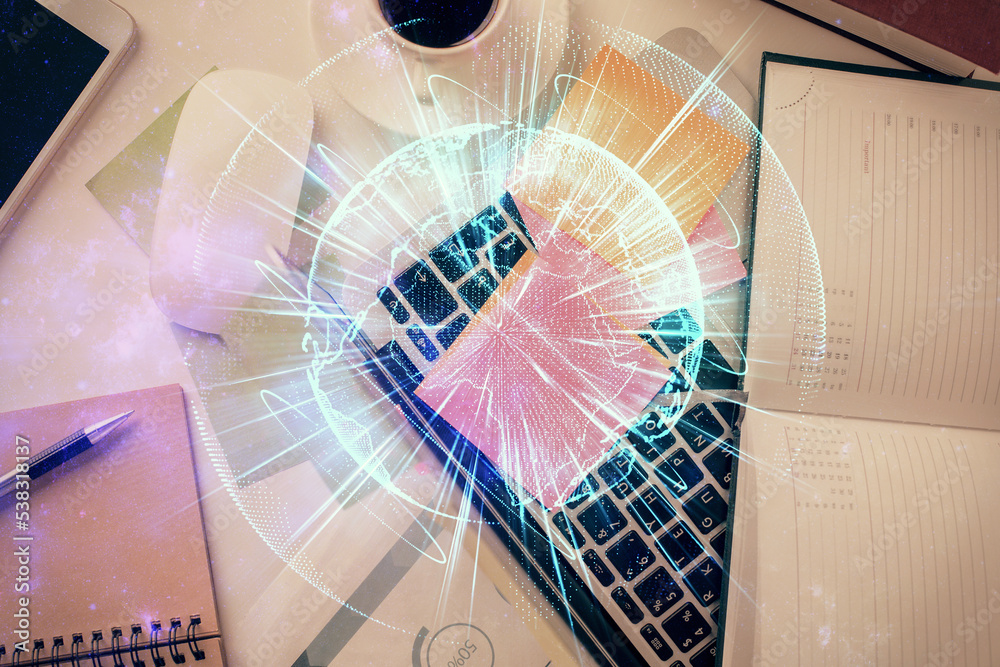 Poster business theme hologram drawings over computer on the desktop background. top view. multi exposure. 