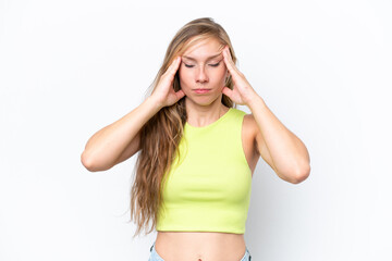 Young caucasian woman isolated on white background with headache