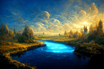 Fantastische Landschaft in blauem und goldenem Licht.