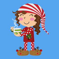 Naklejka premium Child with christmas pajamas, reindeer antlers and a hot chocolate cup