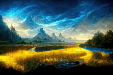 Fantastische Landschaft in blauem und goldenem Licht.