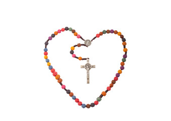 Traditional Christian holy religious wooden rosary isolated on white background.