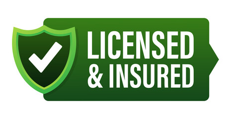 licensed and insured vector icon with tick mark and shield - obrazy, fototapety, plakaty