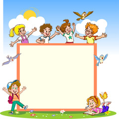 Vector illustration cartoon of children holding blank sign banner. Ad template.