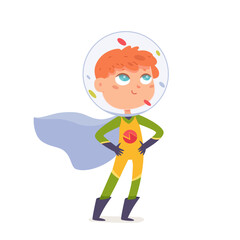 Cute boy superhero character, super kid with costume, spacesuit bubble and flying cloak