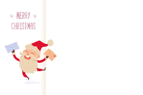 Merry Christmas invitation, greeting card template with happy jumping cute Santa Claus