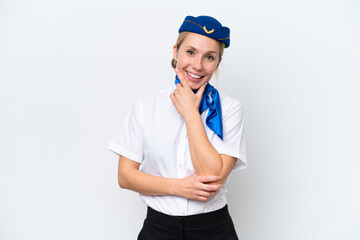 Airplane blonde stewardess woman isolated on white background smiling