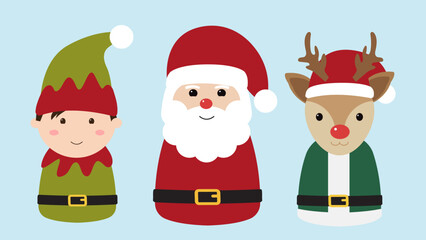 Santa Claus, elf and reindeer wearing christmas costumes on blue background. Icons for holiday design. Merry christmas and happy new year