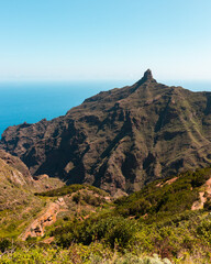 Tenerife, Canary Islands, Spain: Beautiful view of Roque Taborno, an iconic mountain in the anaga mountains on a summer day.
