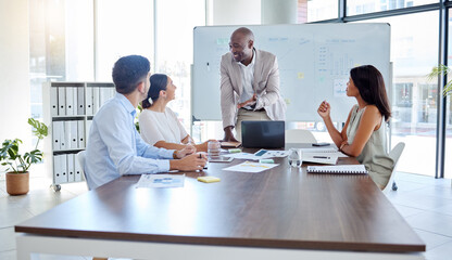 Ceo, happy and business people in meeting for goals, success and planning a sales target for the...