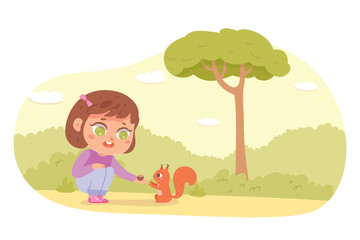 Obraz na płótnie Canvas Girl feeding cute squirrel vector illustration. Cartoon kid holding nut to feed forest little fluffy animal, adorable child playing, sitting and giving food to funny pet with fluffy tail in nature