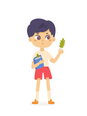 Smart boy school student holding book and green leaf of tree in hand to study nature