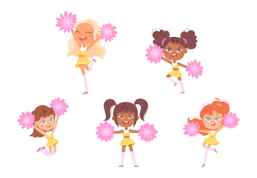 Dance of cheerleaders set, young cute girls in uniform cheer football school team