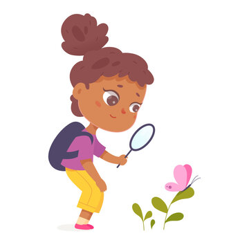 Girl holding magnifying glass to watch butterfly sitting on green plant of forest, garden