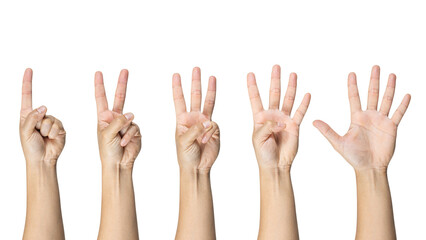 Man showing zero to five fingers count signs isolated on white background with Clipping path...