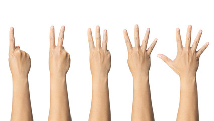 Man showing zero to five fingers count signs isolated on white background with Clipping path...
