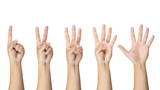 Man showing zero to five fingers count signs isolated on white background with Clipping path included. Communication gestures concept