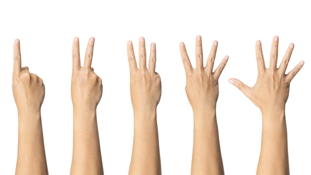 Man showing zero to five fingers count signs isolated on white background with Clipping path included. Communication gestures concept