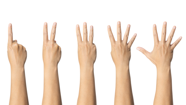 Man showing zero to five fingers count signs isolated on white background with Clipping path included. Communication gestures concept