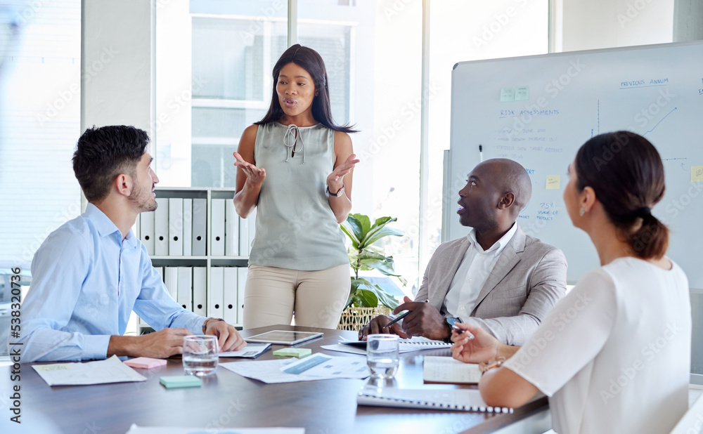 Aufkleber documents, marketing and employees meeting, planning and working on sales at their startup company. 