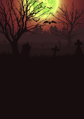 Halloween night flyer. Scary cemetery and full moon. Vector background