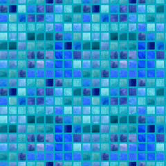 Watercolor blue green square mosaic seamless pattern. Illustration on turquoise background. For fabric, sketchbook, wallpaper, wrapping paper.