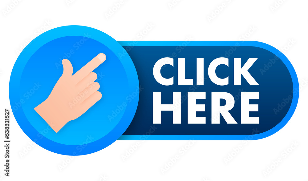 Poster click here button with hand pointer clicking. vector stock illustration.