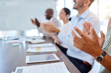 Teamwork training, hands and applause team in presentation, business meeting or office workshop....