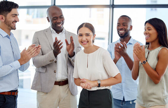 Business, team appreciation celebration and office woman worker happy with teamwork and success. Portrait of employee motivation, support and working community of a corporate company crowd clapping