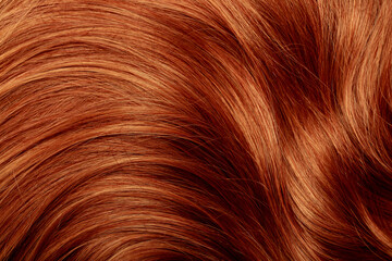 Red hair close-up as a background. Women's long orange hair. Beautifully styled wavy shiny curls. Hair coloring bright shades. Hairdressing procedures, extension.