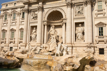 Trevi Fountain in Rome, Italy. Ancient fountain. Roman statues at piazza in old medieval city among...