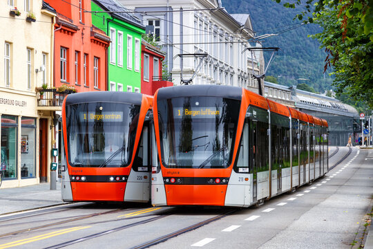 Bybanen Bergen light rail public transport transit transportation in Kaigaten street in Norway