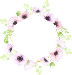 watercolor hand drawn anemone flower bouquet wreath with gold geometric frame
