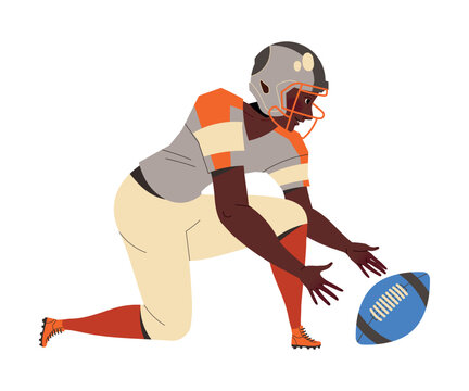 Man Rugby Player in Helmet and Uniform Playing American Football Game Taking Oval Ball from the Ground Vector Illustration