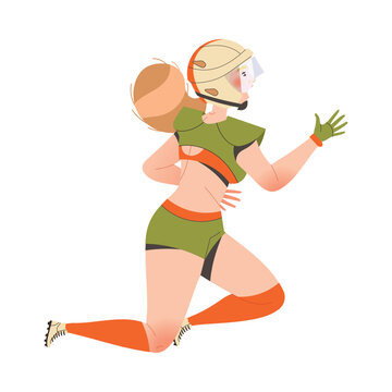 Woman Rugby Player in Helmet and Uniform Playing American Football Game Running Vector Illustration
