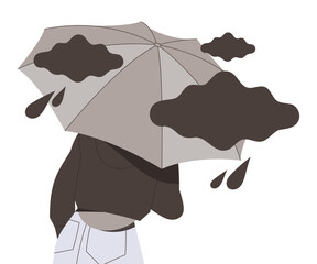 Stressed Man Character Under Umbrella with Black Rainy Cloud Feeling Sadness and Loneliness Vector Illustration