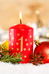 First 1st Sunday in advent with candle Christmas time decoration portrait format