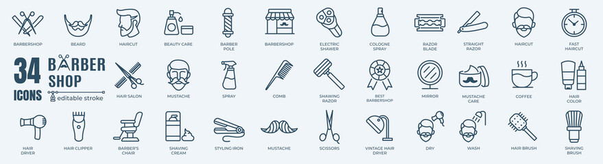 Barber shop elements - minimal thin-line web icon set. Outline icons collection. Simple illustration. - obrazy, fototapety, plakaty