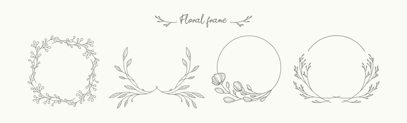 Hand drawn floral frames with flowers, branch and leaves. Wreath. Elegant logo template. Vector illustration for labels, branding business identity, wedding invitation