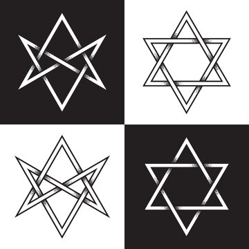 Hexagram set classic and unicursal hand drawn dot work ancient pagan symbol of six-pointed star isolated vector illustration. Black work, flash tattoo or print design