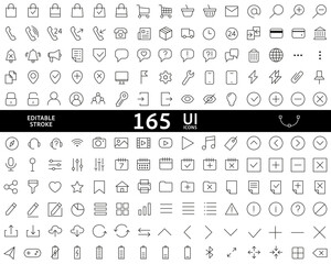 UI icons set. 165 vector thin line mini icons set.
Thin line simple outline icons. Pixel Perfect. Editable stroke.