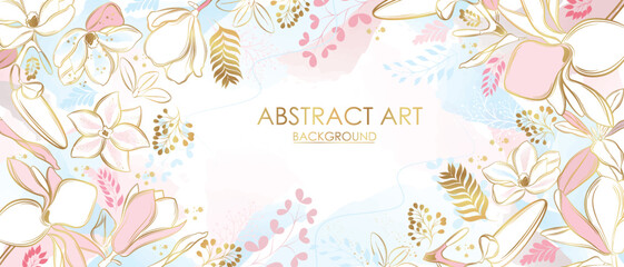 Vector poster with golden plants and flowers on a watercolor background. Abstract background.
