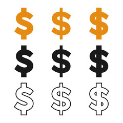 Dollar currency set. Coins are depicted in yellow (gold) and black, and just an outline