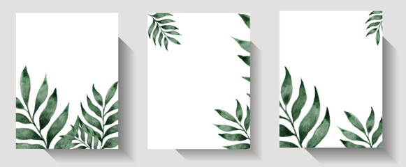Set of vector tropical green leaves with white frame place for text isolated on white background