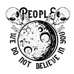Two aliens behind the moon and a phrase, png, transparent backgropund