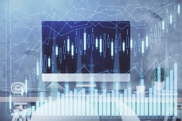 Multi exposure of financial graph drawing and office interior background. Concept of market analysis.