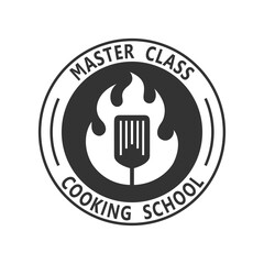 Cooking school graphic sign. Master class label. Isolated symbol on white background. Vector illustration