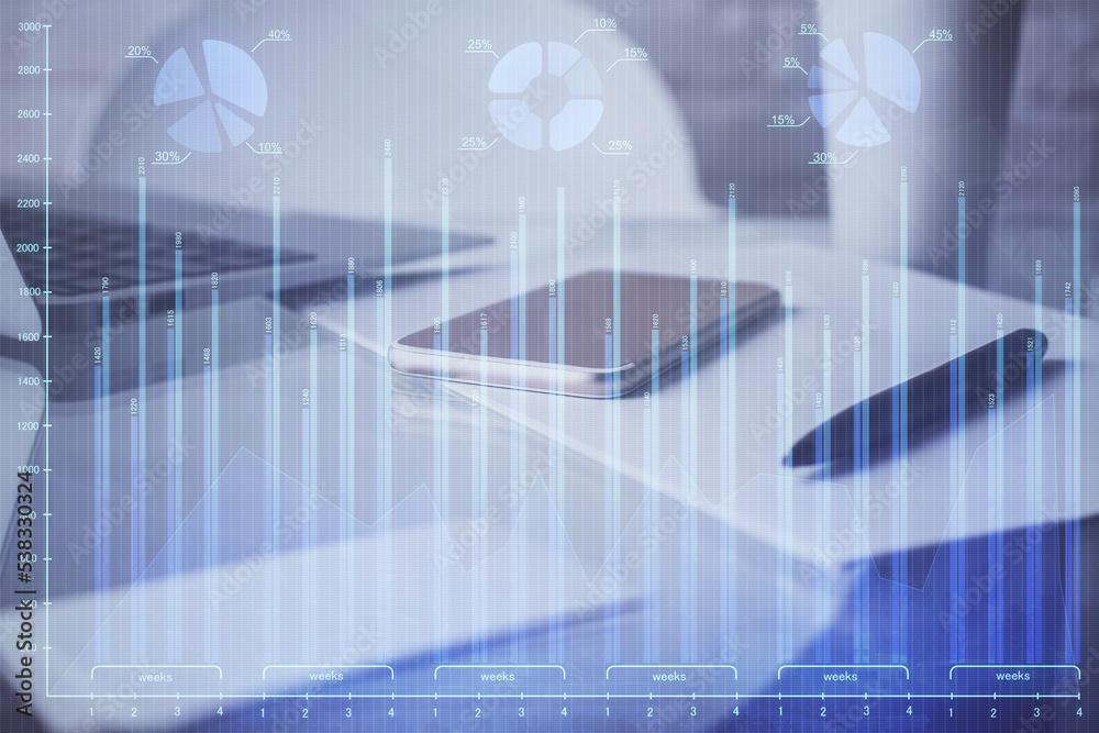 Poster double exposure of forex graph drawing and cell phone background. concept of financial data analysis