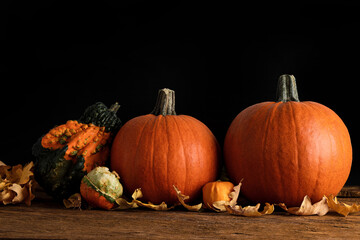 Ripe large and mini pumpkins and autumn dry leaves on a rustic wooden table. The concept of autumn, halloween, harvest.